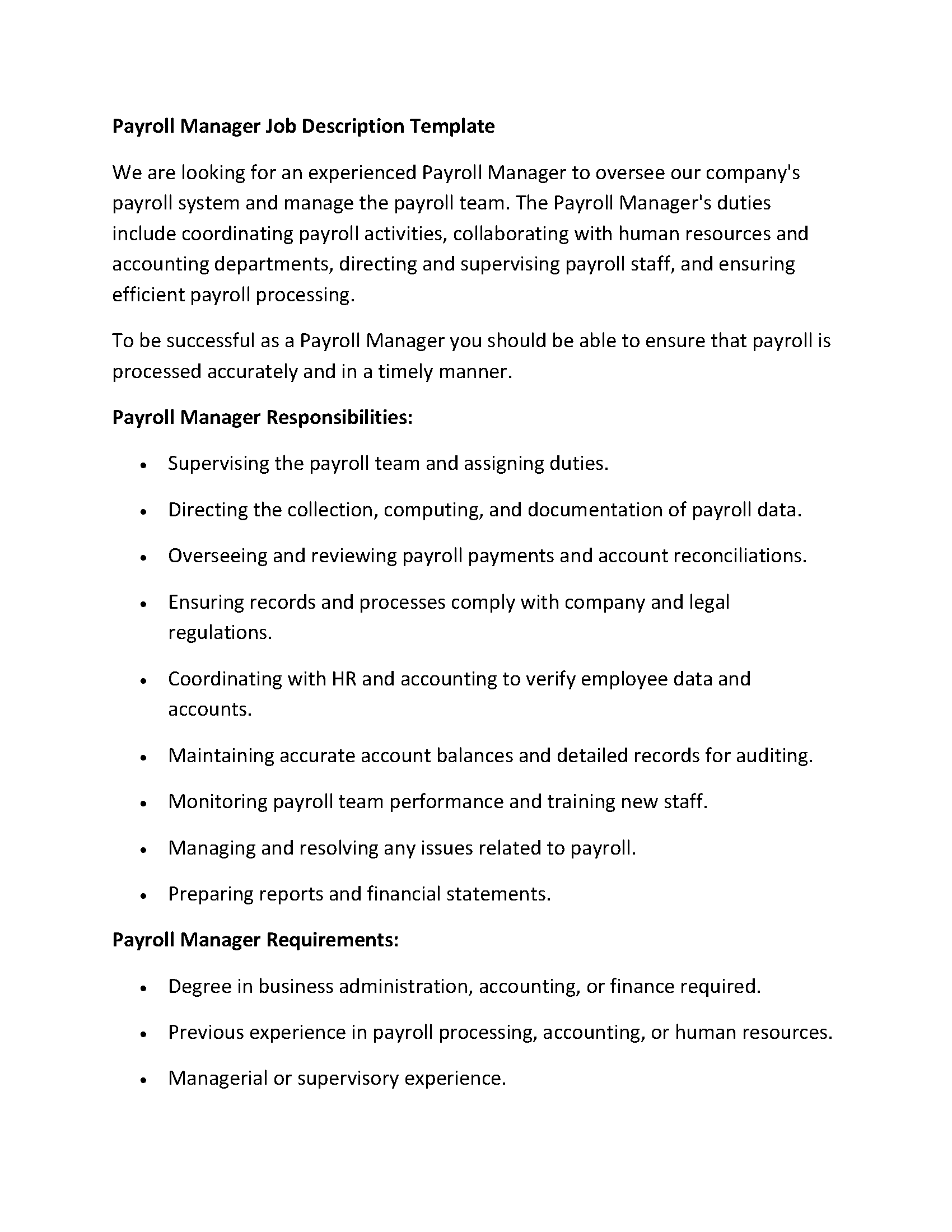 Payroll Manager Job Description Template